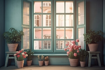 Fototapeta na wymiar Windows with shutters and flowers in pots, pastel blue tones. AI generative.