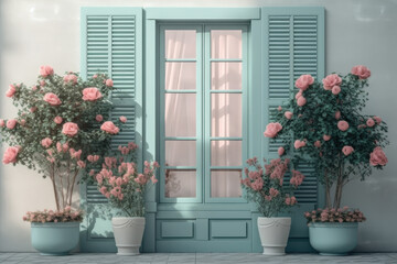 Fototapeta na wymiar Background. Window with shutters and flowers in pots. AI generative.