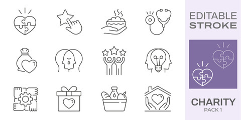 Charity icon set. Collection of donate, empathy, nonprofit and more. Black vector illustration. Editable stroke.