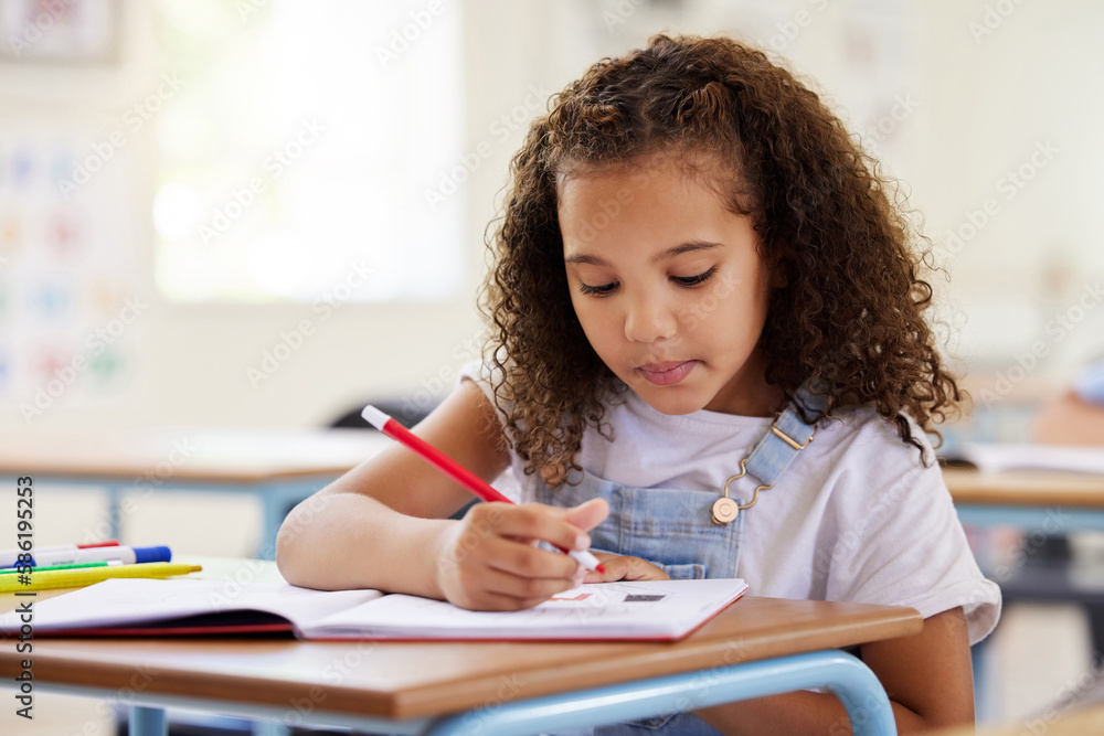 Wall mural learning, drawing and girl in classroom for education, exam or studying with book. preschool, creati