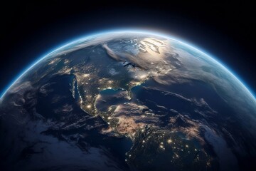Fototapeta na wymiar Earth in Space. Planet Globe on Black Background for Science Wallpaper