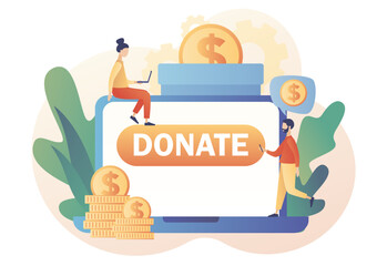 Tiny people donating money. Donation money. Volunteers putting coins in donation box in web site. Online charity, financial support concept. Modern flat cartoon style. Vector illustration
