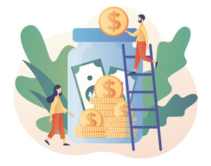 Tiny people donating money. Donation money. Volunteers putting coins in donation jar. Online charity, financial support concept. Modern flat cartoon style. Vector illustration on white background