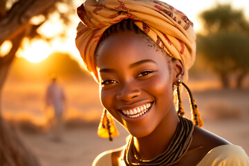 Beautiful young woman wearing traditional African head wrap on sunset - obrazy, fototapety, plakaty