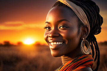 Beautiful young woman wearing traditional African head wrap on sunset