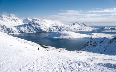 Top of Ryten mountain peak in winter season, Lofoten island, Nordland Norway, Scandinavia, Europe