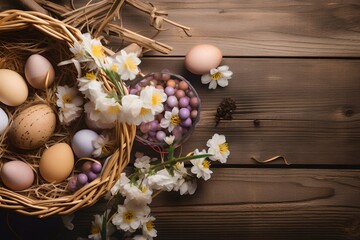 Obraz na płótnie Canvas Easter basket filled with eggs and flowers, on wooden table. Generative AI