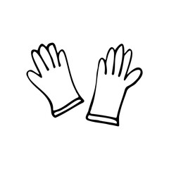 Fototapeta premium Medical rubber gloves, disposable. Individual protection means. Patient and staff safety. Doodle. Vector illustration. Hand drawn. Outline.