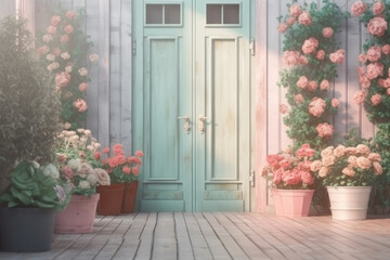 Background. Wooden door and roses. AI generative.