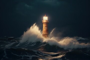 lighthouse shines brightly in the dark in a raging sea ai generated - obrazy, fototapety, plakaty