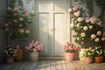 Fototapeta na wymiar Background. Wooden door and roses, pastel colors. AI generative.