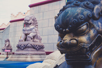 Lion statue in front of chinese