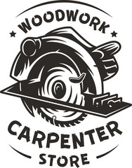 Wood saw for slice of tree or timber for design of workshop or sawmill. Power saw or circular saw for sawing of woodmaster or carpenter.