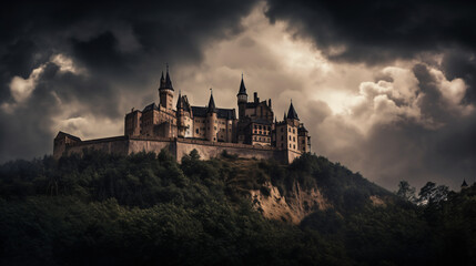 Obraz premium Medieval castle in the night on dark day generative ai