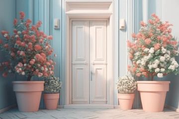 Fototapeta na wymiar Background. Wooden door and flowers, pastel colors. AI generative.