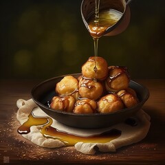 Loukoumades fried dough balls drizzled with honey syrup and cinnamon - Generated by Generative AI
