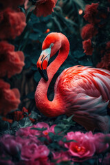 Obraz premium Flamingo in tropical nature forrest abstract background. Animal and environment concept. Generative ai