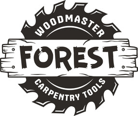 Wood saw for slice of tree or timber for logo and design of workshop or sawmill. Blade or circular saw with forest for sawing of lumberman or lumberjack.