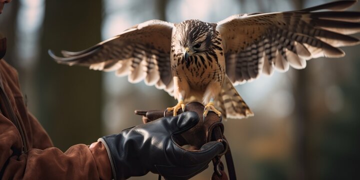  person practicing the ancient art of falconry skillfully handling a majestic bird of prey, concept of Traditional Hunting and Wildlife Conservation, created with Generative AI technology