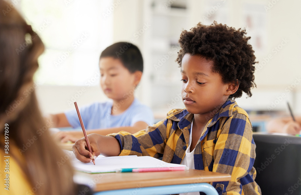 Sticker .Education, writing and black boy in classroom learning, exam or studying with book. Preschool, development and serious kid and student write notes in notebook, reading and knowledge in kindergarten.