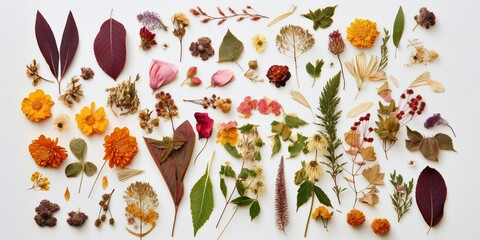 collection of beautifully arranged pressed flowers and leaves displaying delicate shapes vibrant colors, concept of Flower pressing and Botanical art, created with Generative AI technology