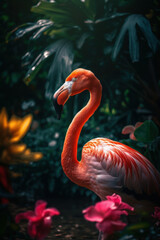 Fototapeta premium Flamingo in tropical nature forrest abstract background. Animal and environment concept. Generative ai