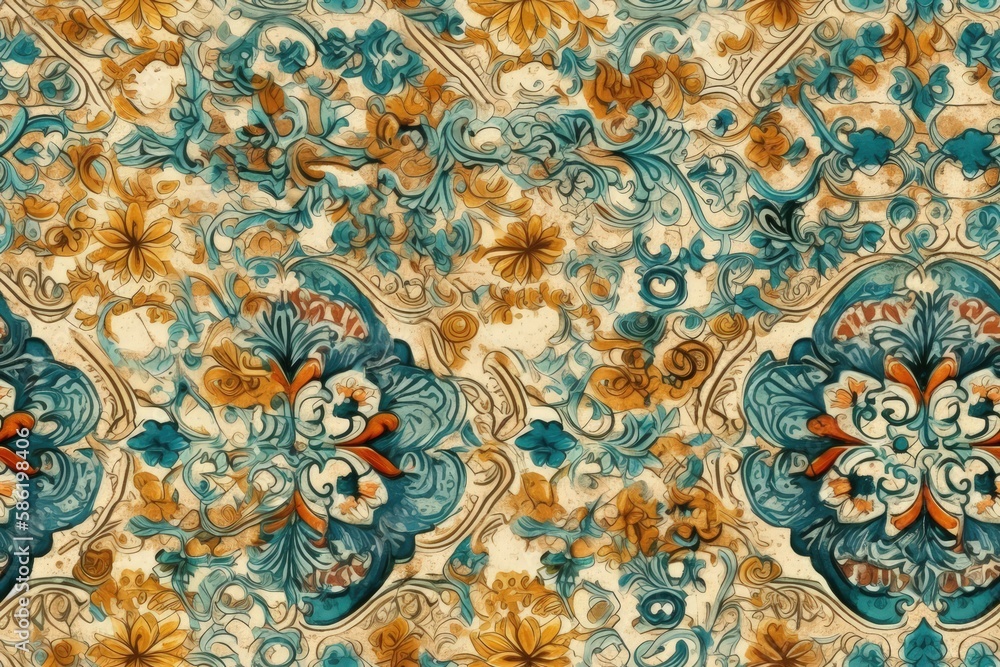 Poster white background with a vibrant blue and orange floral pattern created with generative ai technology