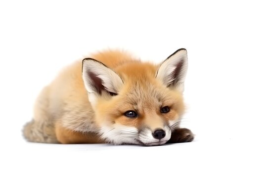 Fox cub lying isolated on white - Generative AI