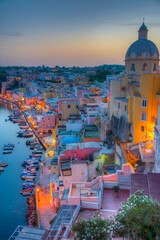 Sunset view of Marina di Corricella at Italian island Procida