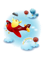 Sky landscape with funny chick and airplane, vector illustration esp10