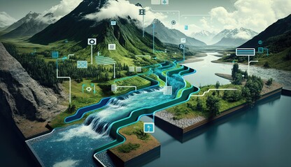 AI in water management plays a vital role in resource optimization, ensuring that water is distributed efficiently and effectively. Generated by AI. - obrazy, fototapety, plakaty