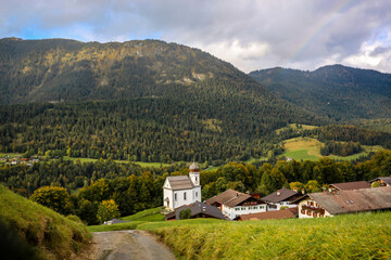 The picturesque church village Wamberg on impressive mountain landscape, near Garmisch Partenkirchen, Germany