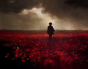 Silhouette of a soldier walking in a field of poppies, remembrance day, WWI, WWII, world war, never forgotten, created using generative AI