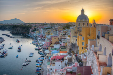 Sunset view of Marina di Corricella at Italian island Procida