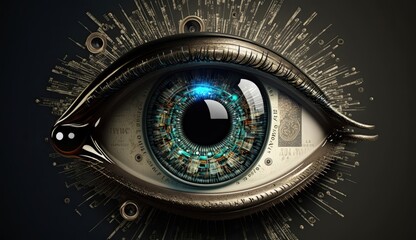 This artwork showcases the inner workings of computer vision, featuring a circuit board overlaid onto an eye to represent the connection between technology and sight. Generated by AI.