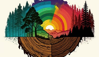 This colorful graphic artwork depicts the urgent need for deforestation prevention, featuring a lush forest contrasted with barren land. Generated by AI.