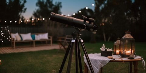 telescope set up in backyard ready for evening of stargazing and amateur astronomy with star filled sky, concept of Amateur Astronomy and Stargazing Setup, created with Generative AI technology