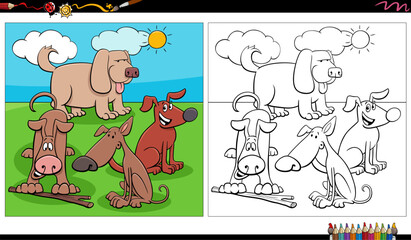 Obraz na płótnie Canvas comic dogs characters group in the meadow coloring page