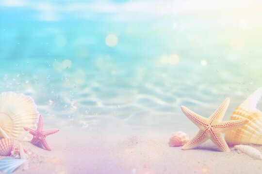 Summer background, hot sand beach landscape, sea coast and shells and starfish. Gentle colors, summer concept of travel and vacation in tropical places. Generative AI.