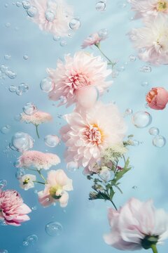 Underwater creative love concept of fresh Spring flowers in blue water background. Love is in the water, Generative AI.