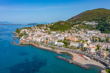 Aerial view of a beach at Casamicciola Terme marina at Ischia island, Italy