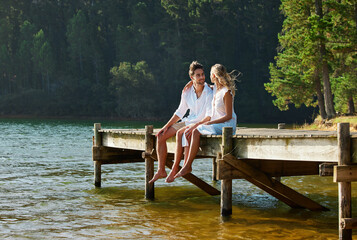 Lake, love and couple on vacation, summer and break for quality time, bonding and loving together....