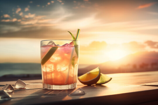 Cocktail on tropical sunset beach abstract background. Drink and summer concept. Generative ai