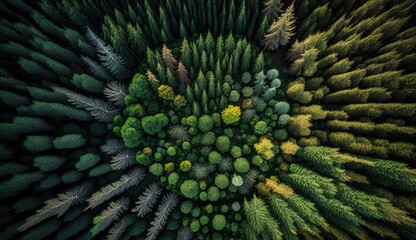 Naklejka na ściany i meble A bird's eye view of a thriving sustainable forest, where trees are selectively harvested to maintain biodiversity and ecosystem health. Generated by AI.