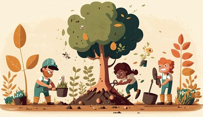 Enthusiastic and diverse group of vector characters participate in a tree planting event, each contributing to a greener future. Generated by AI.