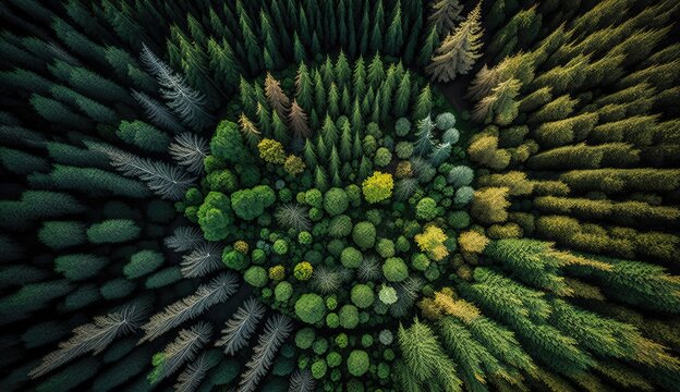 A bird's eye view of a thriving sustainable forest, where trees are selectively harvested to maintain biodiversity and ecosystem health. Generated by AI.