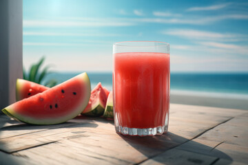 Obraz premium Watermelon juice on tropical beach abstract background. Drink and summer concept. Generative ai