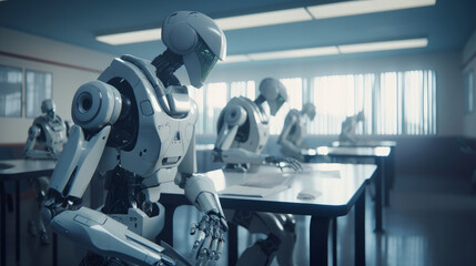 Android robot in school. Illustration AI Generative.