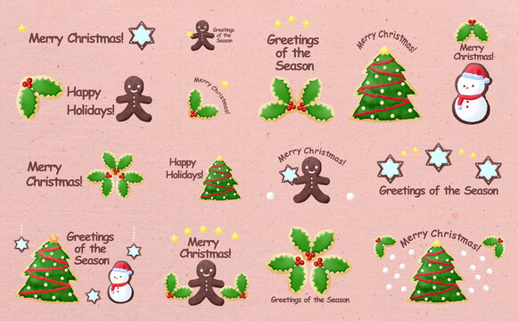 クリスマス☆イラスト素材 クリスマスのアイシングクッキーセット ピンク背景 色違い・差分有