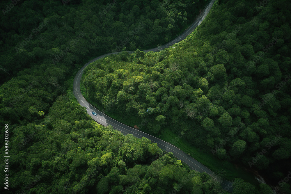 Poster aerial view of a winding road in the forest with trees. generative ai